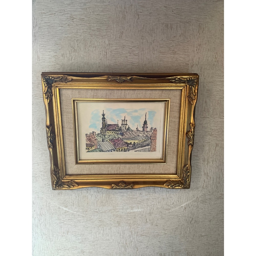 Vintage‎ European Cityscape Watercolor Ink Art Ornate Gold Framed Illustration